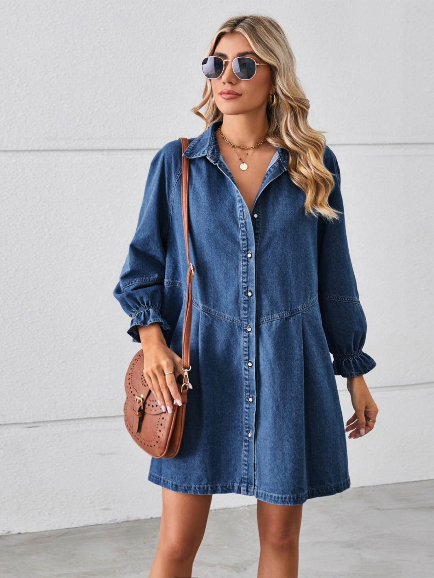 Button Up Flounce Sleeve Mini Denim Dress — free download