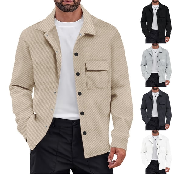 Button Up Jackets With Pockets Men's Fashionable Solid Color Long Sleeved Lapel Pocket Button Jacket Dark Gray S
