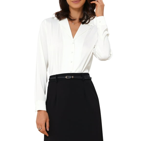 INSPIRE CHIC Button Up Leotard Shirt for Women's Satin Long Sleeve Notched Lapel Business Work Bodysuit M White
