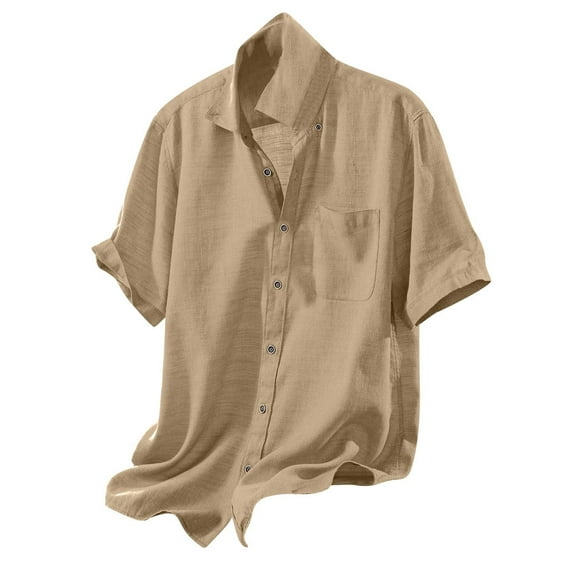 Button Up Linen Shirts for Men Lightweight Casual Short Sleeve Collared Tee Blouses Chest Pocket Beach Tops (Small, Khaki)