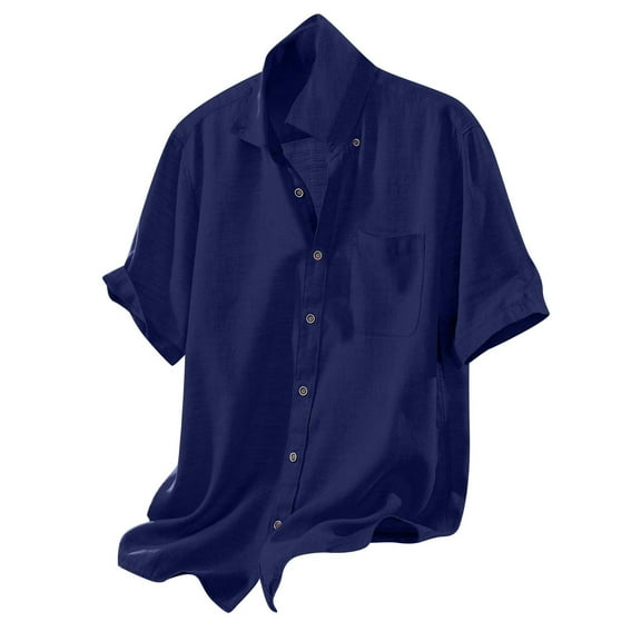 Button Up Linen Shirts for Men Lightweight Casual Short Sleeve Collared Tee Blouses Chest Pocket Beach Tops (X-Large, Navy)
