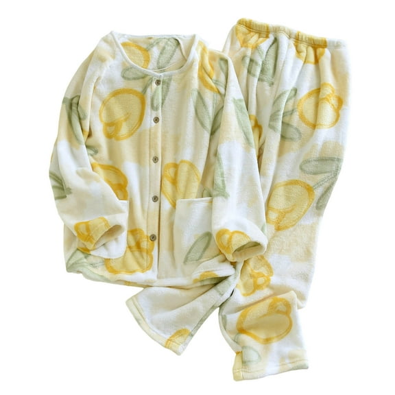 Button Up Pajama Set for Women Flannel Long Sleeve Sleepwear Crewneck Floral Shirt Pants Soft Pjs Lounge Sets, L