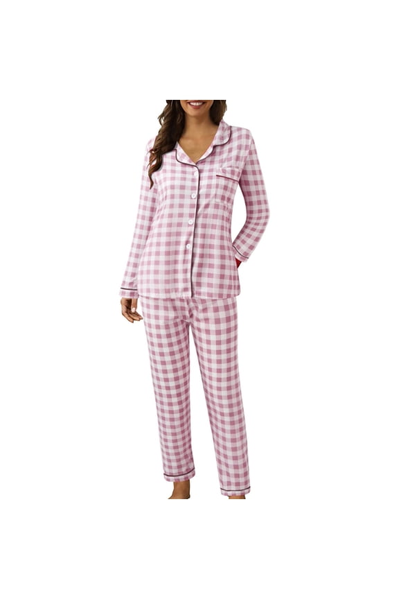 Button Up Pajamas For Women Set Loose Lightweight Plaid Long Sleeve Top And Pant Pj Set Sleepwear Soft 2 Piece Outfits Loungewear Sets Pink M