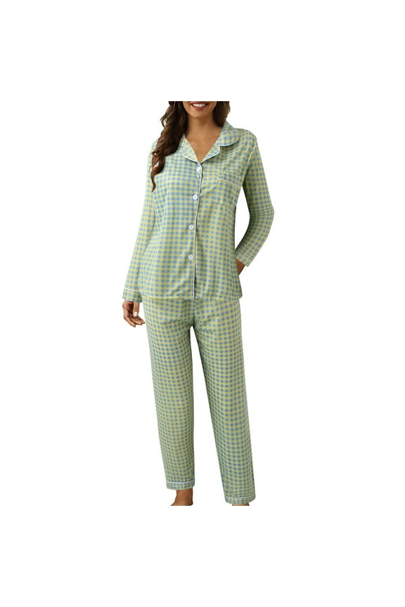 Button Up Pajamas Women Plaid Pjs Sets Lapel Button Peach Print Long Sleeve Pajamas Suit Pjs Sets Women M L