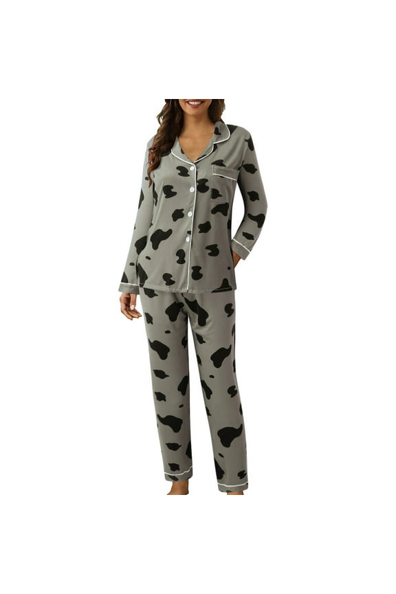 Button Up Pajamas Women Plaid Pjs Sets Lapel Button Peach Print Long Sleeve Pajamas Suit Womens Pjs Sets Grey L