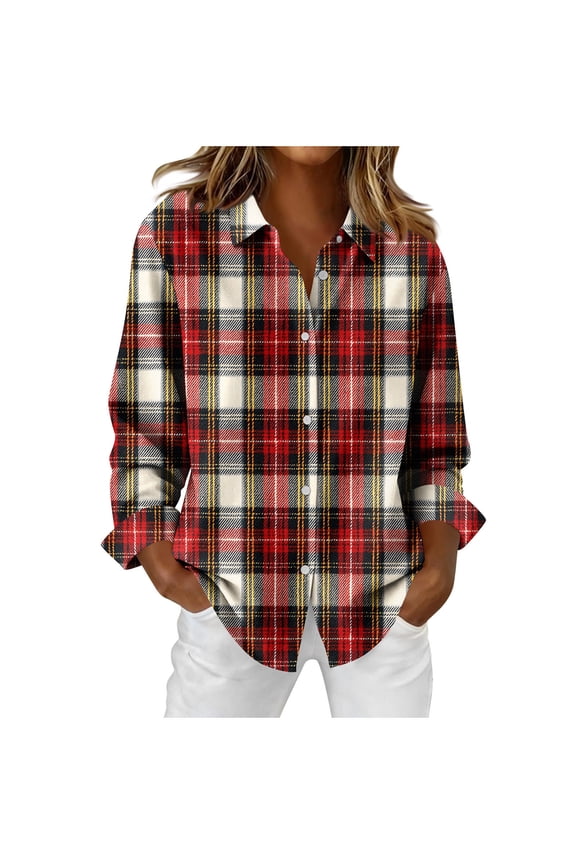 Button Up Plaid Shirts for Women Fall Spring Trendy Tops Long Sleeve Lapel Collar Loose Casual Shacket Blouses (2XL, Red)