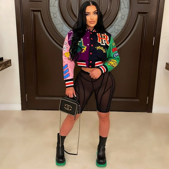 Button Up Printed Crop Bomber Jacket (S, MultiPurple)