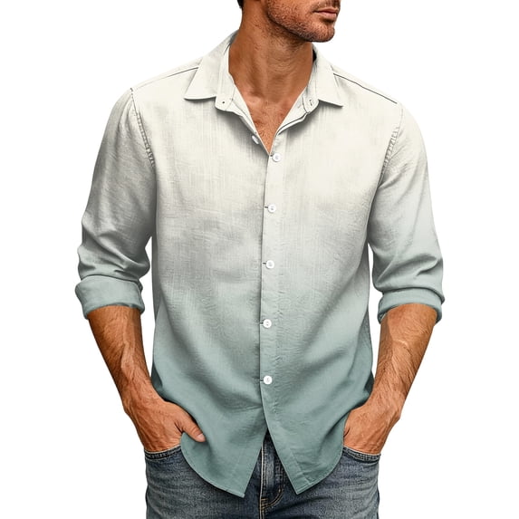 Button Up Shirt Men Big and Tall Lapel Collar Long Sleeve Shirts Gradient Print Regular Fit Beach Vacation Casual Tops