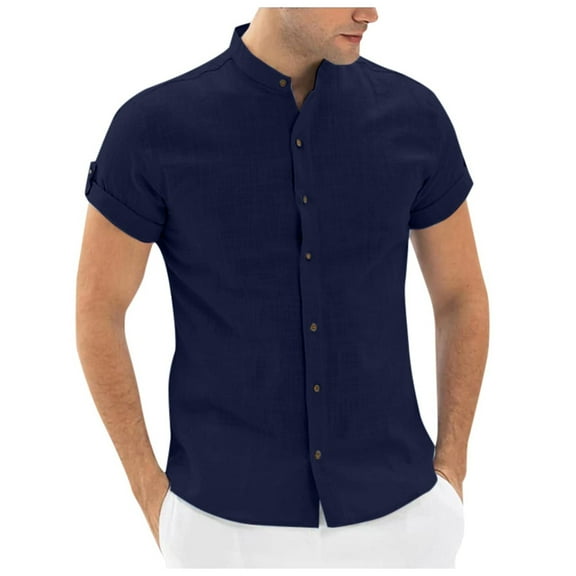 Button Up Shirt Men Casual Dressy Banded Collar Short Sleeve Shirt Lightweight Solid Color Business Classic Fit Men's Shirts