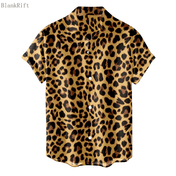 Button Up Shirt Men Leopard Print Smooth Turndown Collar Shirt Short Sleeve Relaxed Fit Mens Shirts Casual Gold XXL
