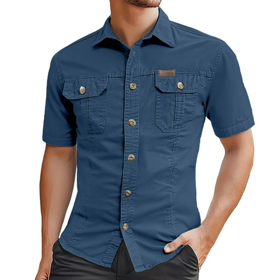 Button Up Shirt Men Short Sleeve Turndown Collar Work Shirt Solid Color Classic Fit Mens Shirt