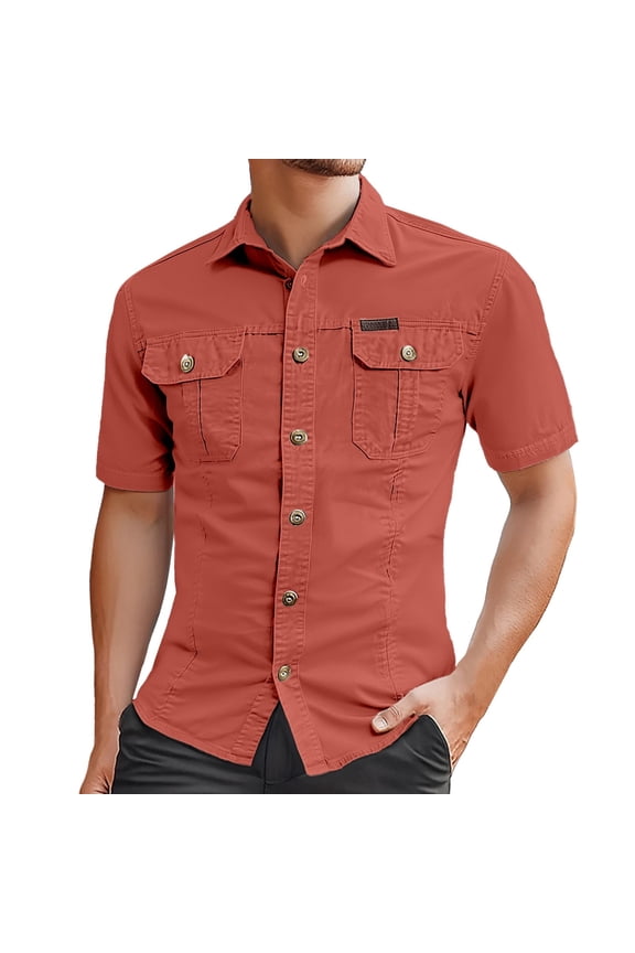 Button Up Shirt Men Short Sleeve Turndown Collar Work Shirt Solid Color Classic Fit Shirt for Men Casual