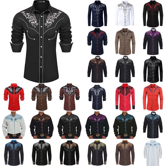 Button Up Shirt Men Vintage Pearl Snap Shirt Rhinestone Cowboy Cut Western Embroidered Turndown Collar Long Sleeve Tops Regular Fit Shirt Men Casual