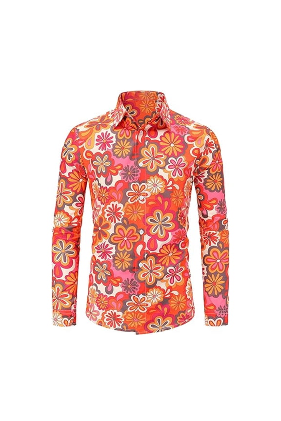 Button Up Shirt Men Vintage Turndown Collar Long Sleeve Floral Shirt Thin Slim Fit Mens Shirts Casual