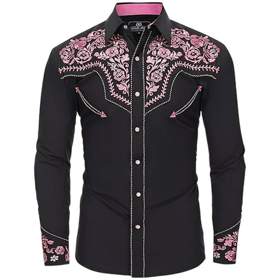 Button Up Shirt Men Western Pattern Embroidered Turndown Collar Long Sleeve Shirts Slim Fit Casual Lightweight Shirt Men Graphic