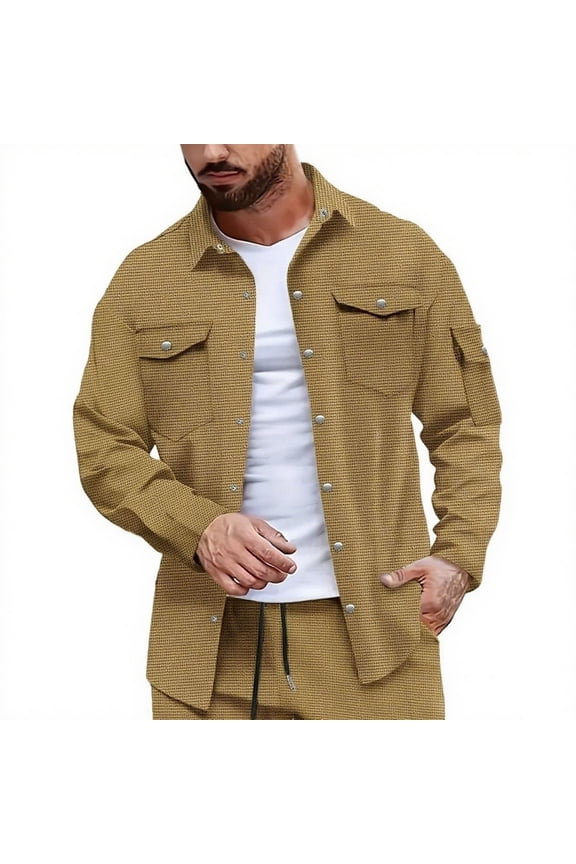 Button Up Shirt, Men's Solid Color Long-Sleeve Lapel Snap-Button Cardigan-Style Waffle-Knit Shirt Jacket with Multiple Pockets, Button Up Cardigan