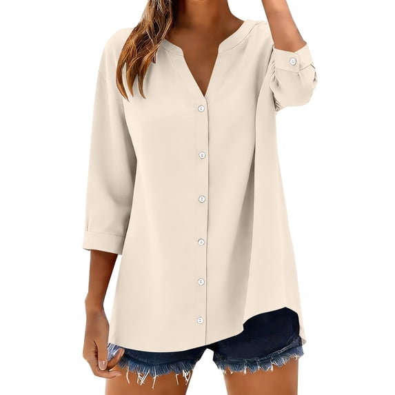 Button Up Shirt Women Fashion Casual Solid 3/4 Sleeve Button Down Shirt Summer Tops