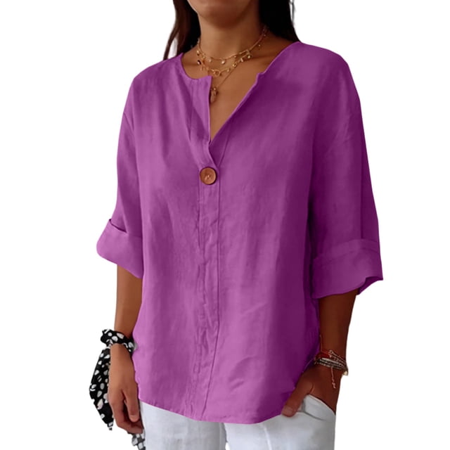 Women's Cotton Linen Button-Down Shirt - 3/4 Sleeve Loose Fit Blouse For Casual & Beach