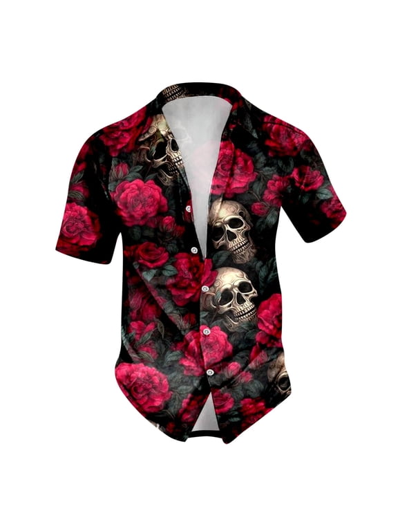 Button Up Shirt for Men Halloween Theme Skull Print Casual Turndown Collar Short Sleeve Shirt Cute Shirts