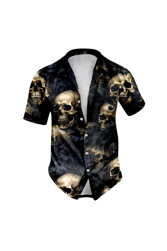Button Up Shirt for Men Halloween Theme Skull Print Casual Turndown Collar Short Sleeve Shirt Men's Shirts