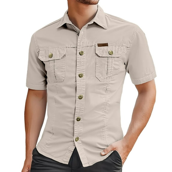 Button Up Shirt for Men Short Sleeve Turndown Collar Work Shirt Solid Color Classic Fit Shirt Men Casual