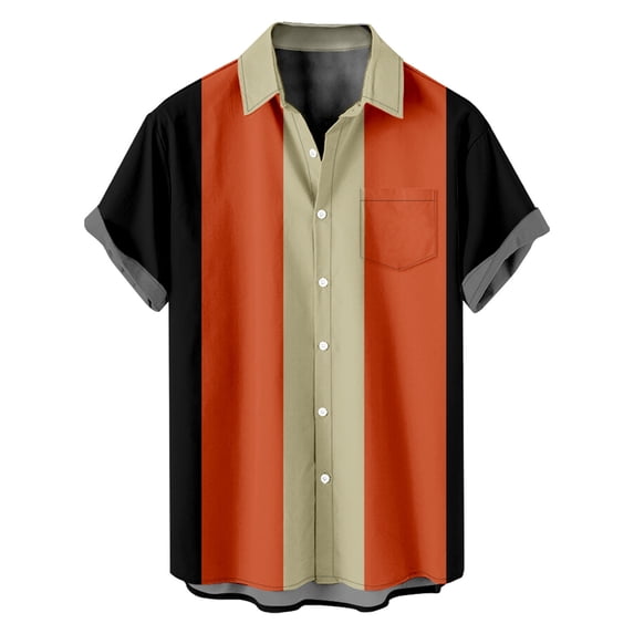 Button Up Shirt for Men Top Color Block Striped Print Short Sleeve Collared Casual Fashion Beach Shirt with Pocket (4X-Large, Orange 01)