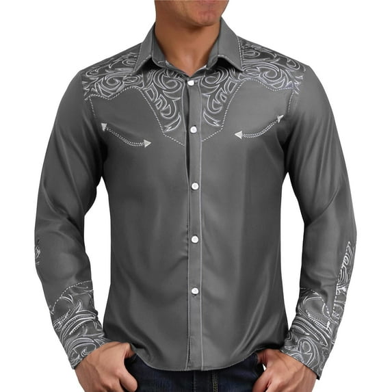 Button Up Shirt for Men Vintage Western Print Turndown Collar Shirt Long Sleeve Classic Fit Lightweight Men Shirts