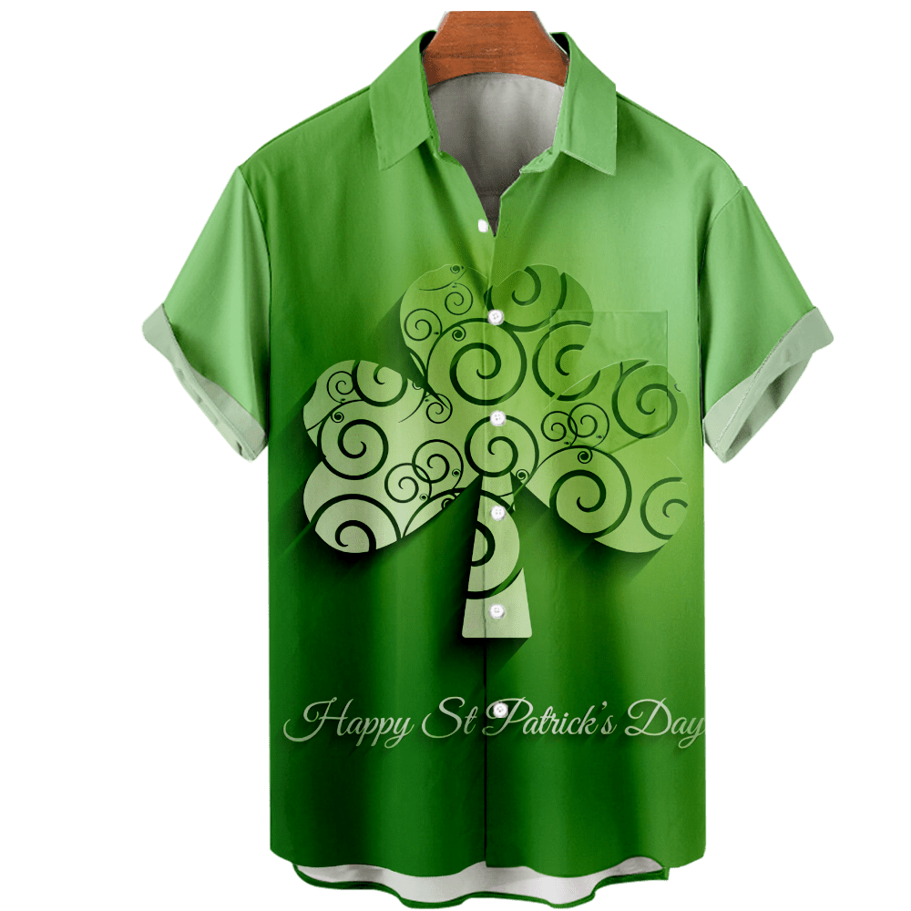 Button Down Short Sleeve Shirt St. Patrick's Day Print Hawaiian Shirts  Green Clover Element Print Tees,Up to 8XL for Couples, Men, Women and Kids  