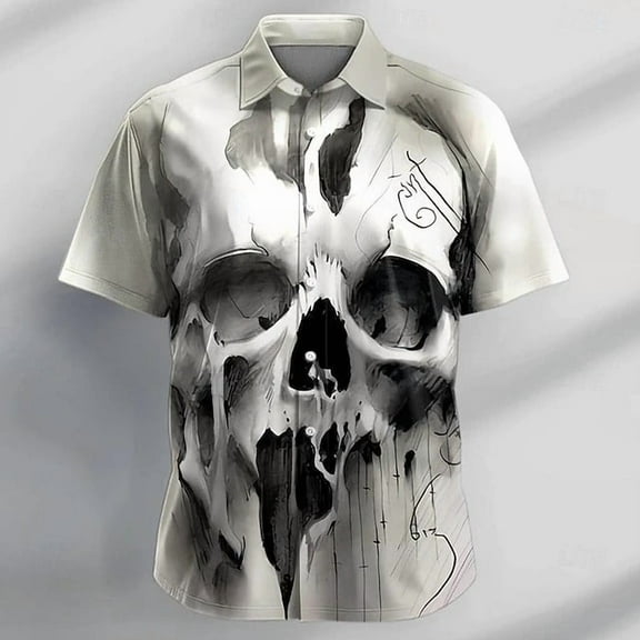 Button Up Shirts for Men,Funny Skull Printed Shirt Short Sleeve Button Down Shirts Tropical Holiday Beach Shirts White L