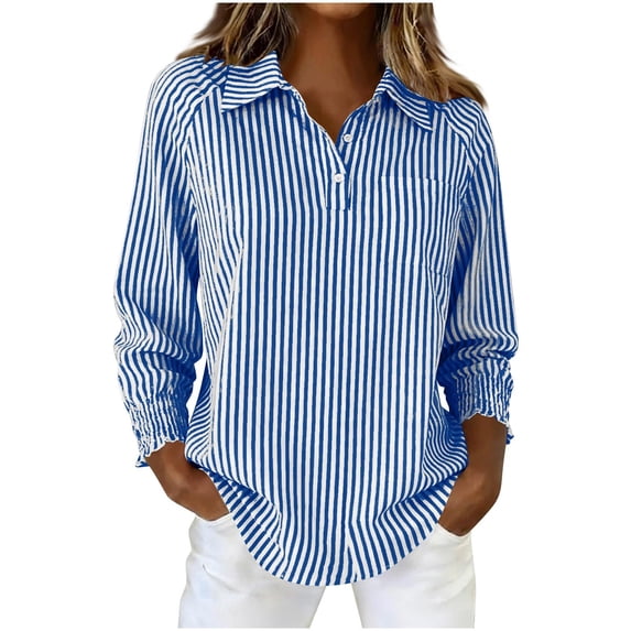 Button Up Shirts for Women Dress Shirts Striped Long Sleeve Casual Collared Office Work Shirt with Pocket Daily Wear Blue XXL