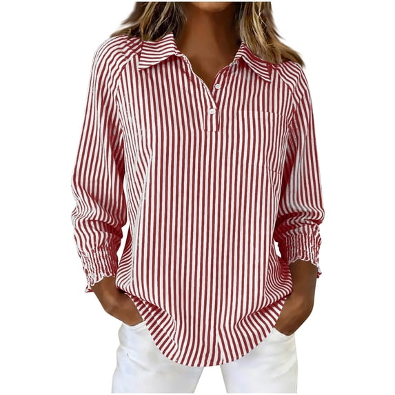 Button Up Shirts for Women Dress Shirts Striped Long Sleeve Casual Collared Office Work Shirt with Pocket Daily Wear Red XL