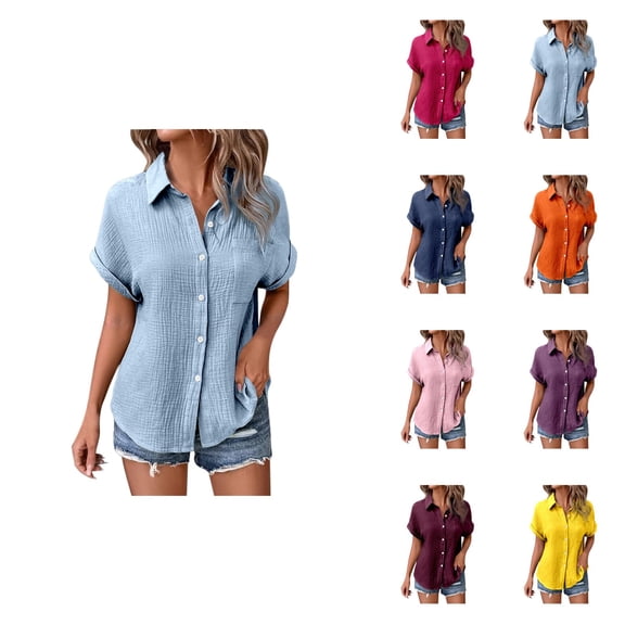 Button Up Short Sleeve Shirt for Women, Casual Ladies Blouse with V Neck and Batwing Sleeves, Loose Fit Collared Summer Top in Solid Colors