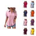 thumbnail image 1 of Button Up Short Sleeve Shirt for Women, Casual Ladies Blouse with V Neck and Batwing Sleeves, Loose Fit Collared Summer Top in Solid Colors, 1 of 5