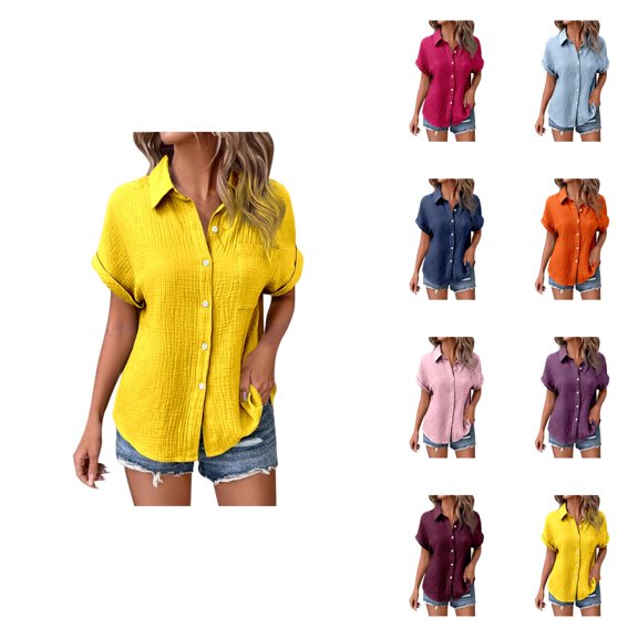 Button Up Short Sleeve Shirt for Women, Casual Ladies Blouse with V Neck and Batwing Sleeves, Loose Fit Collared Summer Top in Solid Colors