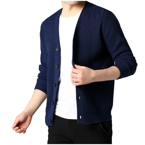 Button Up Sweater for Men Casual Long Sleeve Outerwear Tops Vintage V-Neck Cardigan Sweater Everyday Sweaters Blue XL