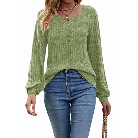 Button Up Sweater for Women Fall Knit Pullover Sweaters Long Sleeve Henley Shirts Crewneck Tunic Tops Green M