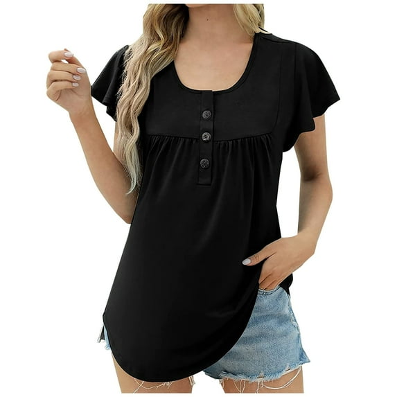 Button Up Tunic Tops for Women Casual Comfort Cotton Flutter Short Sleeve Shirts Pleated Summer Pullover Loose Blouses, Black, XXXL