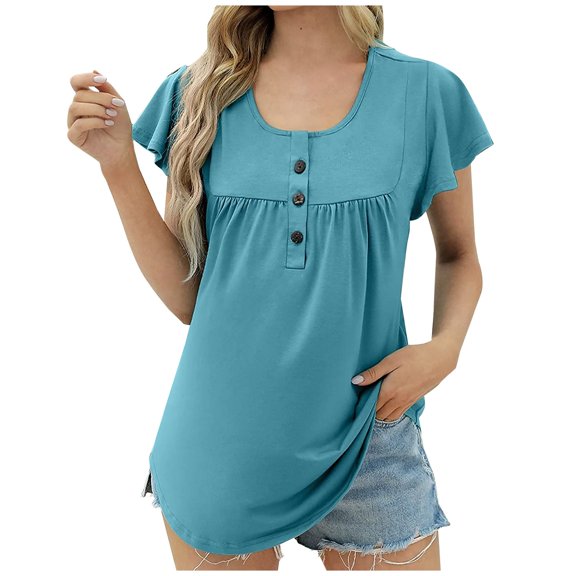 Button Up Tunic Tops for Women Casual Comfort Cotton Flutter Short Sleeve Shirts Pleated Summer Pullover Loose Blouses, Sky Blue, S