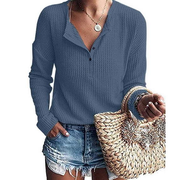 Button Up Waffle Top V Neck Breathable Knit Casual Loose Long Sleeve Tunic Top for Women Denim Blue M