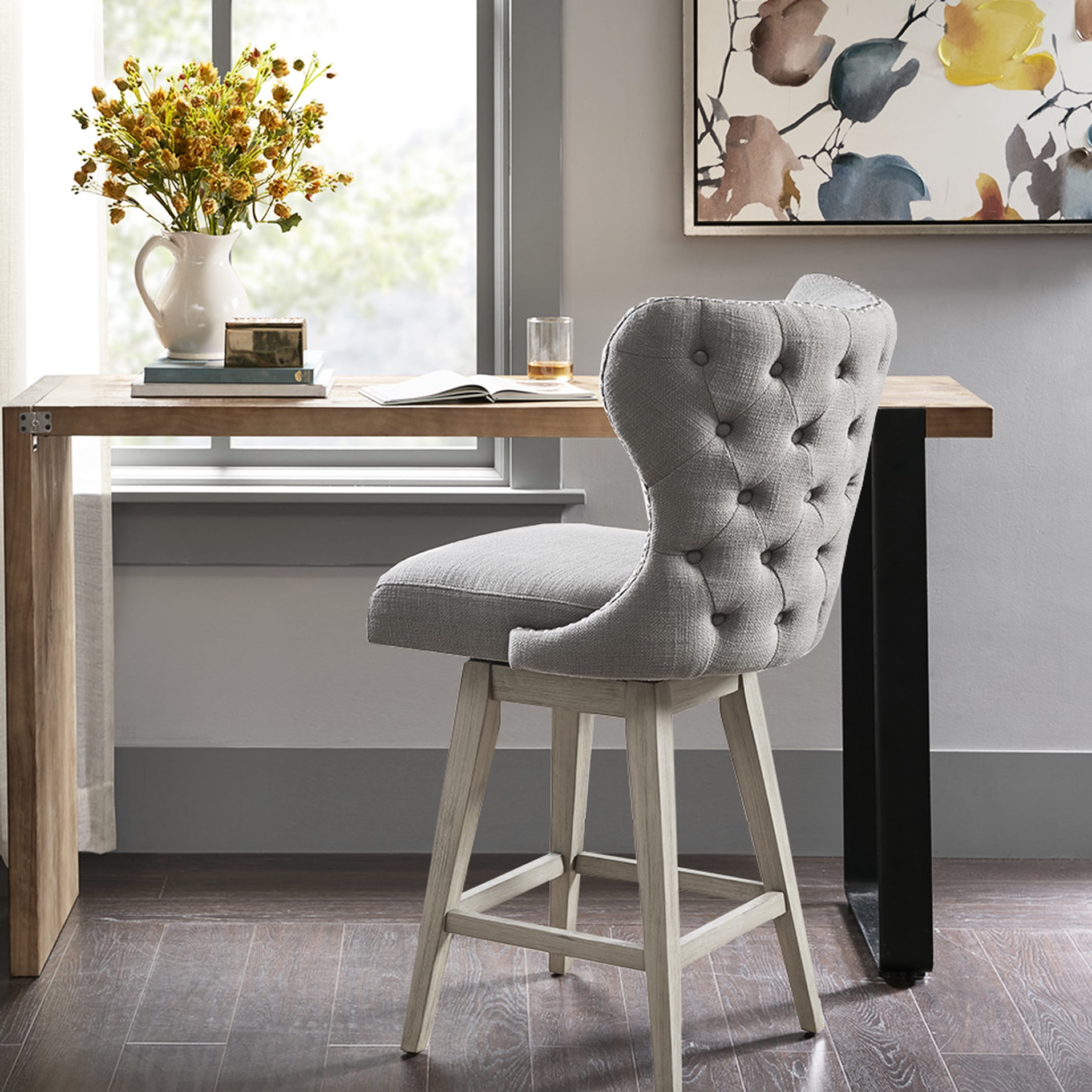 Button Upholstered High Wingback Counter Stool, 27" Swivel, Matte ...