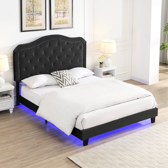 Button Upholstered Platform Bed - Queen Black Velvet Robust Wood Foundation Led Lights Simple Assembly Uniqueness Easy Mark