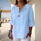 Button V Neck Linen Shirts for Women Roll Up 3/4 Sleeve Blouses ...