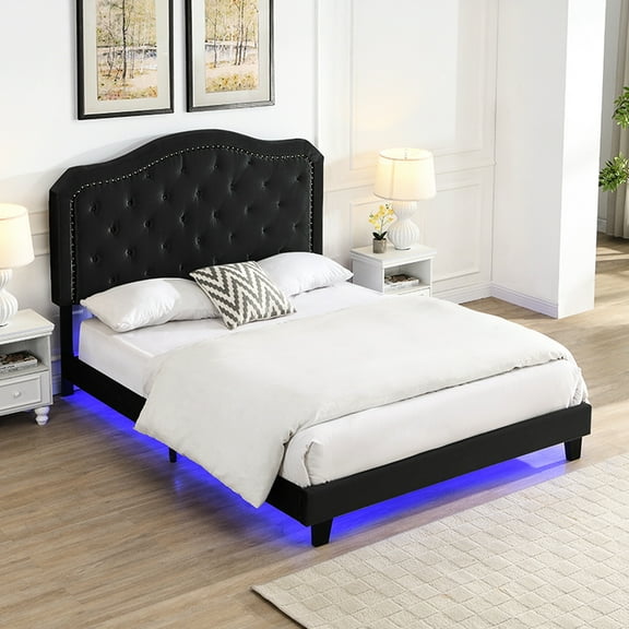 Button Velvet Upholstered Bed - Queen Stable Wood Frame Black Led Lights Simple Assembly Development With Tufting Design Slats Steps