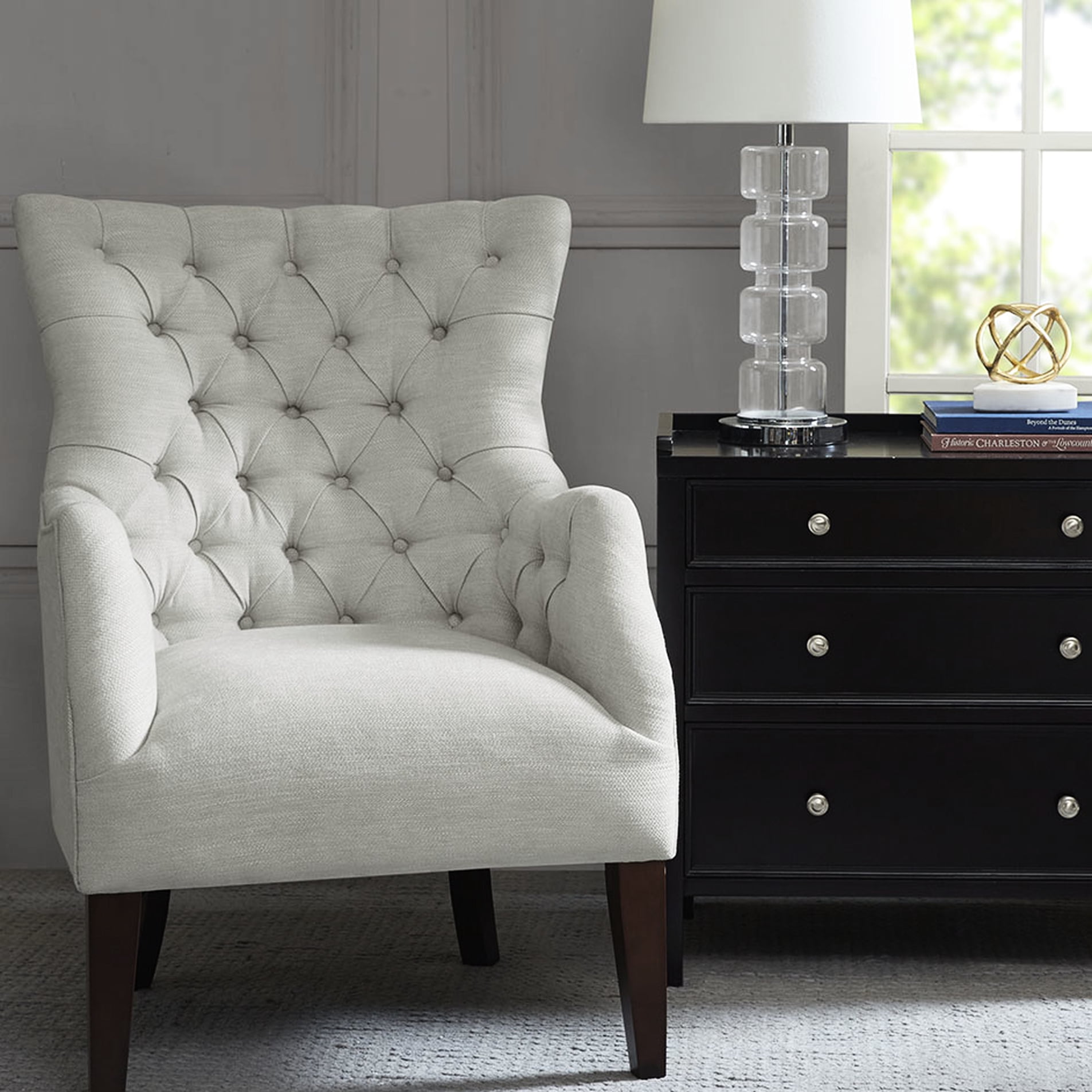Spring Button Chair Button Wing Chair, Solid Wood With Birch Legs, High Density Foam ...