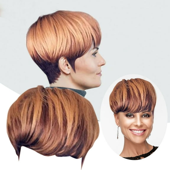 Button Women's Short Straight Wig Natural Black to Brown Gradient Hairpiece with Realistic Cap Construction