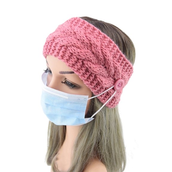 Button Woolen Adjustable Size Headband in Knitted, Pink,Blue