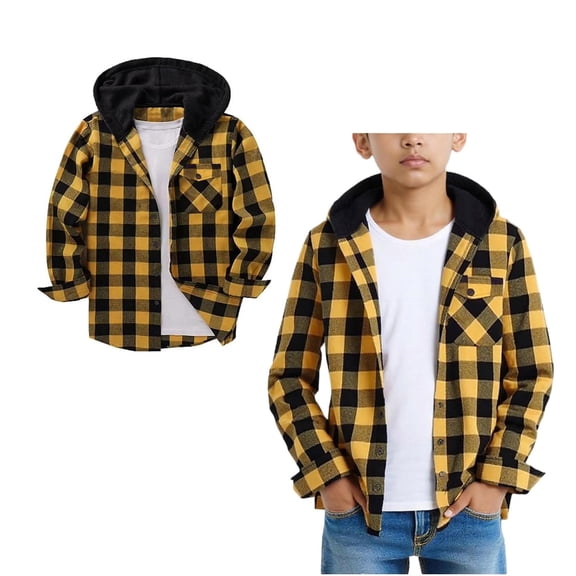 Button down Boys Shirt Plaid Hooded Boys Long Sleeve Shirts Fall Light Jacket Girl Jacket 9-10 Years