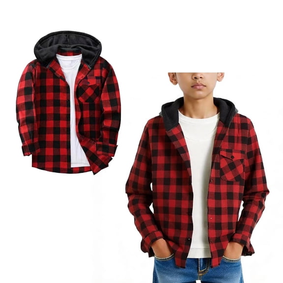 Button down Boys Shirt Plaid Hooded Long Sleeve Shirt Lightweight Girls Fall Jacket Boys Christmas Shirts 7-8 Years