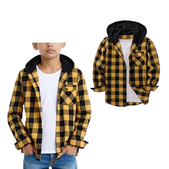 Button down Boys Shirt Plaid Hooded Long Sleeve Shirts Fall Light Jacket Boys Jacket 9-10 Years