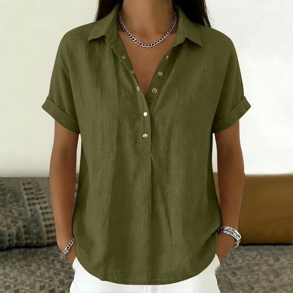 Button down Linen Shirt for Women - Short Sleeve V-Neck Cotton, Classic Everyday Value Dark Forest Green M by Awwp